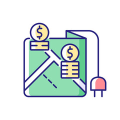 Poster - Pricing by locality RGB color icon. Location on map for point of electricity usage. Tracking payment for power consumption. Isolated vector illustration. Energy purchase simple filled line drawing