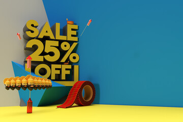 Wall Mural - 3D Render Diwali 25% Sale OFF Discount Display Products Advertising. Flyer Poster Illustration Design.