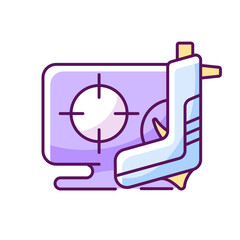 Sticker - Shooter game RGB color icon. Isolated vector illustration.. Action based genre focused on defeating enemies with different types of weapons. Shooting characters simple filled line drawing