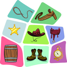 Lasso Sheriff Badge Cowbow Hat Belt Saddle Barrel Shoes And Pocket Watch. Wild Western Texas Desert Elements Collage.