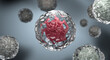 Coronavirus, cancer cell or embryonic stem cell. Medical research or pandemic prevention banner with microscopic disease image. Red bacteria or virus in clear mucus on grey background, 3d illustration
