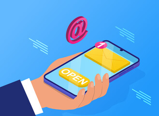 Email message concept. The man holds the phone in his hands and opens the notification that came to the mail. Communication with clients and online marketing. Cartoon isometric vector illustration