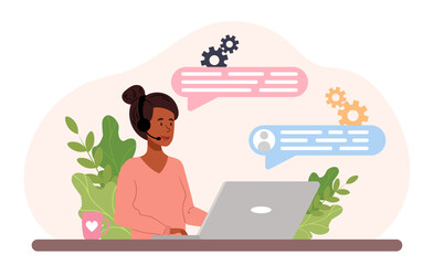 Poster - technical support concept. the call center operator sits at his workplace with headphones on and ans