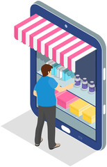 Poster - online shopping web technologies concept. man standing next to big smartphone in form of trade kiosk