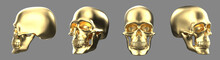 Set Of Images Of Golden Skulls. 3d Rendering Gold Skull