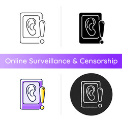 Wall Mural - Eavesdropping on mobile devices icon. Spying users with smartphone microphone. Providing hyper-targeted adverts. Spyware application. Linear black and RGB color styles. Isolated vector illustrations