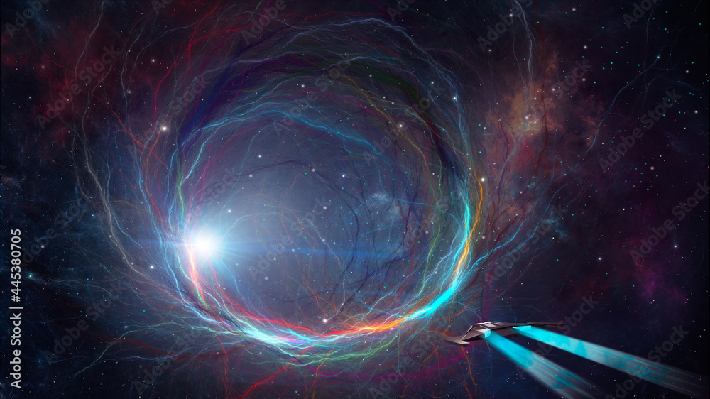 Space background. Spaceship flying to colorful fractal tunnel with nebula stars. Elements furnished by NASA. 3D rendering - obrazy, fototapety, plakaty 