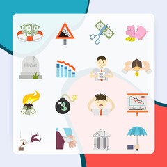 Wall Mural - Economic crisis finance depression invest recession flat icons set isolated vector illustration