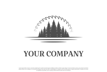 Wall Mural - Pine Cedar Conifer Evergreen Larch Cypress Spruce Fir Tree Forest with Sunset Sunrise Circular Blade for Timber Log Logo Design Vector