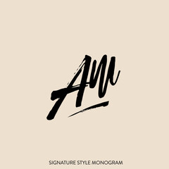 AM monogram logo.Calligraphic signature icon.Handwritten lettering sign isolated on light background.Letter a, letter m alphabet initials.Brush script characters.