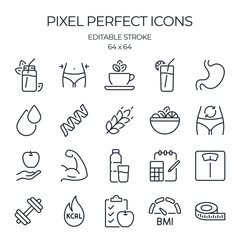 Weight loss, healthy nutrition and calorie counting related editable stroke outline icons set isolated on white background flat vector illustration. Pixel perfect. 64 x 64.