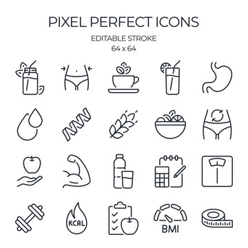 weight loss, healthy nutrition and calorie counting related editable stroke outline icons set isolat