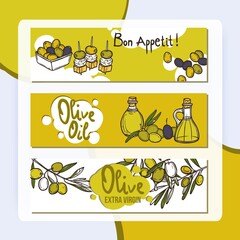 Wall Mural - Olive vegetable and oil hand drawn horizontal banners set isolated vector illustration