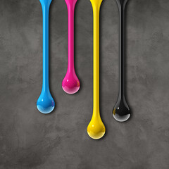 Wall Mural - cmyk ink drops on dark concrete square background