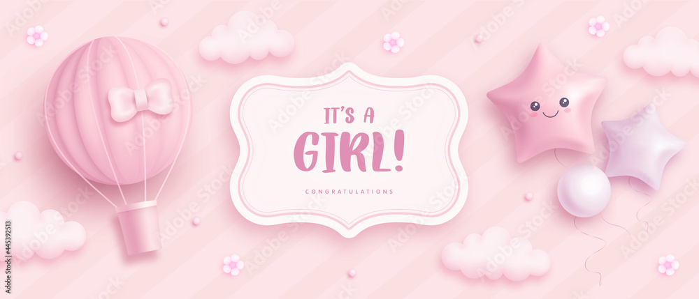 Baby shower horizontal banner with cartoon hot air balloon, helium balloons and flowers on pink background. It's a girl. Vector illustration - obrazy, fototapety, plakaty 