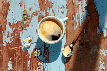 Wall Mural - Cup of coffee on grey background. Top view, flat lay.