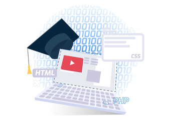 laptop with an academic cap. illustration of teaching programming. learning programming languages. o