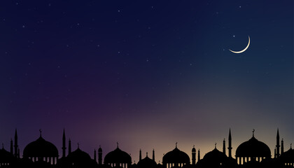 Eid al Adha Mubarak card with Silhouette Dome Mosques at dark night with crescent moon and star sky,Vector banner background for Islamic religions ,Eid al fitr, Happy muharram, Islamic new year Happy