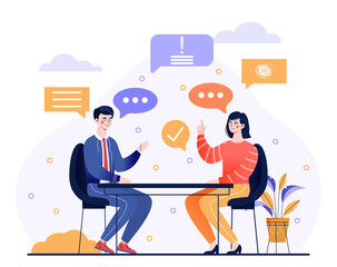 Poster - talk conversation and speaking dialogue concept. a man and a woman are sitting at a table, discussin