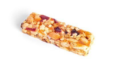 Wall Mural - Granola bar with nuts and dried fruits isolated on a white background.