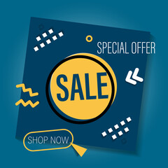 Sale banner in paper cut style. Layout banner with dark circle and yellow design elements. Template for ad flyer