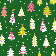 Colorful Christmas Seamless Vector Pattern With Christmas Trees In Fun, Bright Colors And Black. Winter Design For Gift Wrap, Scrapbooking, Wallpaper, Home Decor, Kids Clothing, Fabric.