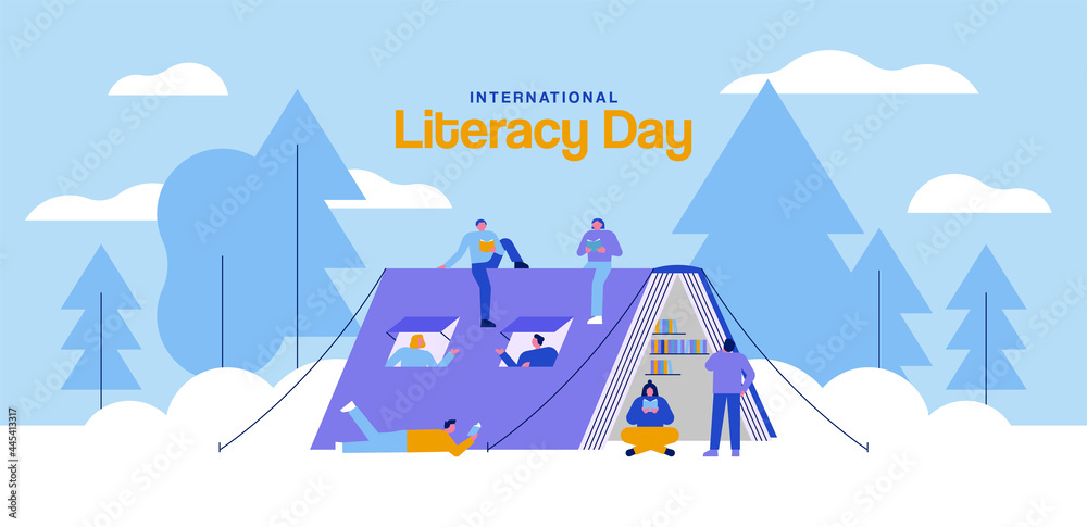 Literacy Day open book tent people camping card - obrazy, fototapety, plakaty 