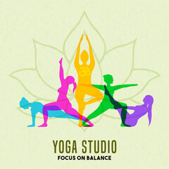 Wall Mural - Yoga studio colorful people body pose team card