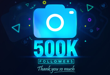 Wall Mural - Beautiful Five Hundred Thousand Followers Celebration on Social Media. Modern 3D Rendered thank you message to followers in blue shining color with camera