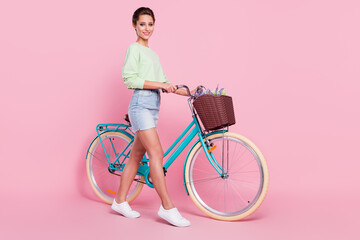 Wall Mural - Full size profile side photo of young girl happy positive smile go walk rider bicycle isolated over pastel color background