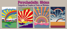 Psychedelic Art Landscapes, Skies, Rainbows, Vintage Style Posters, Covers Background Set 