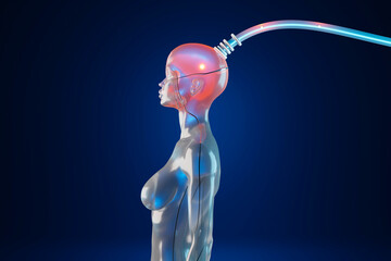 3D illustration of machine downloading human consciousness into cyborg body