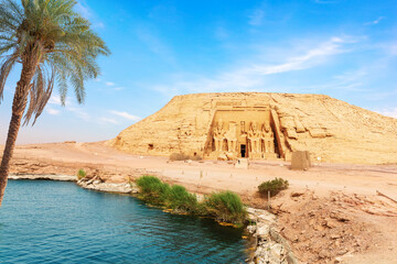 Wall Mural - The palm on the bank of the Nile river in Abu Simbel Temple, Egypt