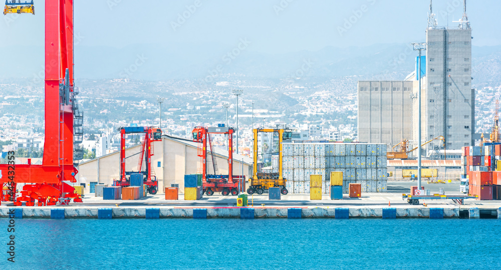 Shipping container carriers in cargo terminal of Limassol port (Cyprus) - obrazy, fototapety, plakaty 