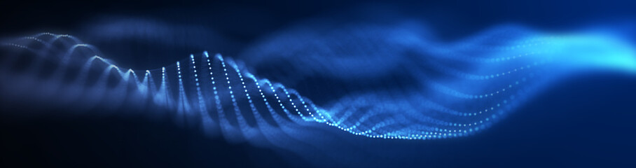 Abstract wave with moving dots and lines. Flow of particles. Cyber technology illustration. 3d rendering