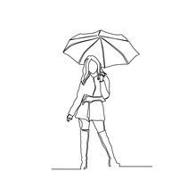 Continuous Line Drawing Of Stylish Young Woman Hanging Umbrella. Woman Gesture Line Art With Active Stroke.