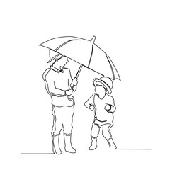 Continuous line drawing of two kids hanging umbrella. kids gesture line art with active stroke.