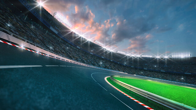 Wall Mural -  - Circular asphalt racing track with cheering fans and illuminated floodlights. Professional digital 3d illustration of racing sports.