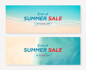 Wall Mural - Set of summer sale horizontal banner. Vector beautiful realistic top view illustration of sandy summer beach