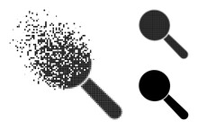 Dispersed Pixelated Search Tool Pictogram With Destruction Effect, And Halftone Vector Icon. Pixelated Dispersing Effect For Search Tool Reproduces Speed And Motion Of Cyberspace Concepts.