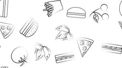 Wall Mural - Black and white endless seamless pattern of food and snack items icons set for restaurant bar cafe: fries, burger, pistachios, pizza, sandwich, tomato, cherry. The background