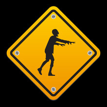 Yellow Road Sign With Zombie. Vector Illustration On Black Background