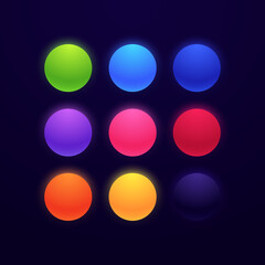 Poster - Set of glowing neon colored balls isolated on dark background. Matte bright spheres in different colors. Colorful bubbles. Decorative element for your design. Vector illustration.