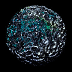 Wall Mural - 3d render of abstract art 3d ball sphere or surreal organic planet with rough grunge damaged scratched ground surface in blue cold frozen emerald geology mineral iron stone in dark black outer space 