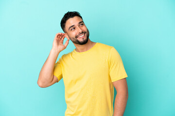 Wall Mural - Young arab man isolated on blue background thinking an idea