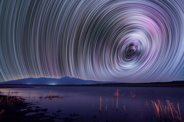 Wall Mural - long exposure night landpscpe. beautiful small lake and mountains. the colorful star trails on the s