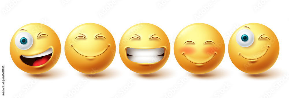 Smileys emoji happy face vector set. Smiley icons and emoticon with funny, happy and winking facial expressions in yellow color isolated in white background. Vector illustration - obrazy, fototapety, plakaty 