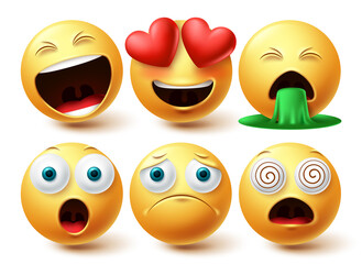 Smiley emoji faces vector set. Smileys emojis yellow icon collection with inlove, happy and sad facial expression in white isolated background. Vector illustration
