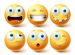 Smiley funny emoji vector set. Smileys yellow emoticon funny, happy and disappointed icon collection isolated in white background for graphic elements design. Vector illustration
