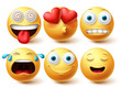 Smiley emoji vector set. Smileys emoticon happy, in love and crying faces icon collection isolated in white background. Vector illustration